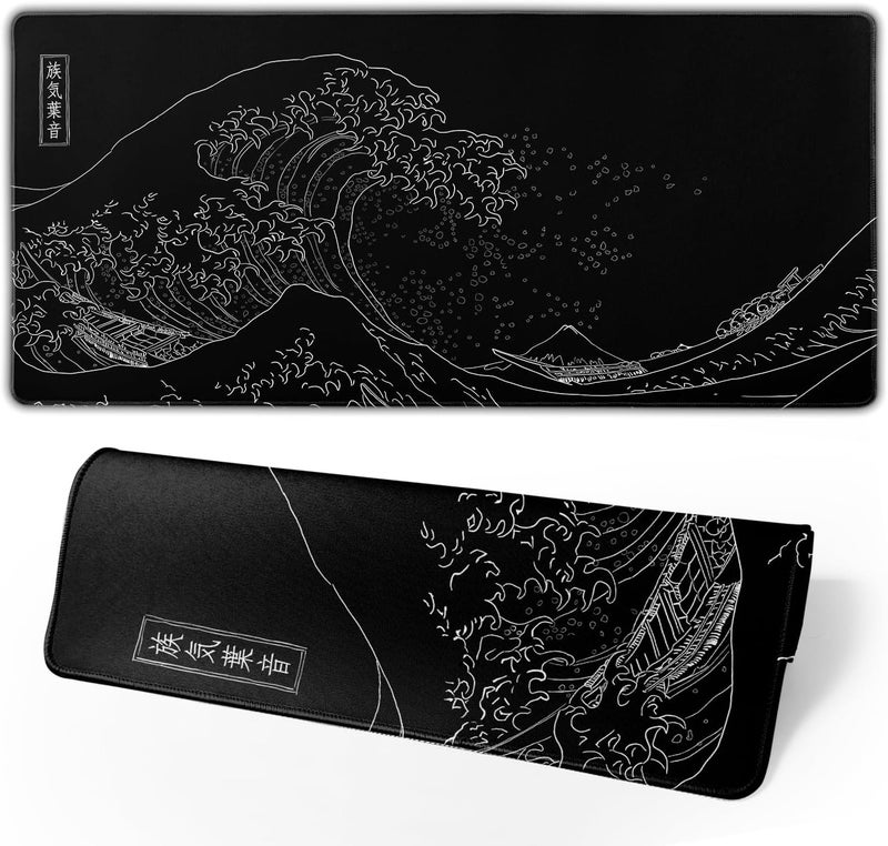 Brecoy Japanese Gaming Mouse Pad Black Mouse Pad Kanagawa Large Mousepad Non-Slip Rubber Base Waterproof with Stitched Edges for Gaming Office Home, 31.5x11.8 Inch (Black Wave) - Image 1